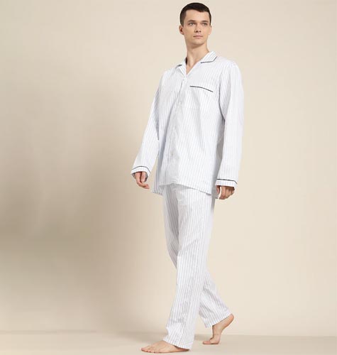 Men White & Blue Striped Pocket Cotton Pyjamas Set